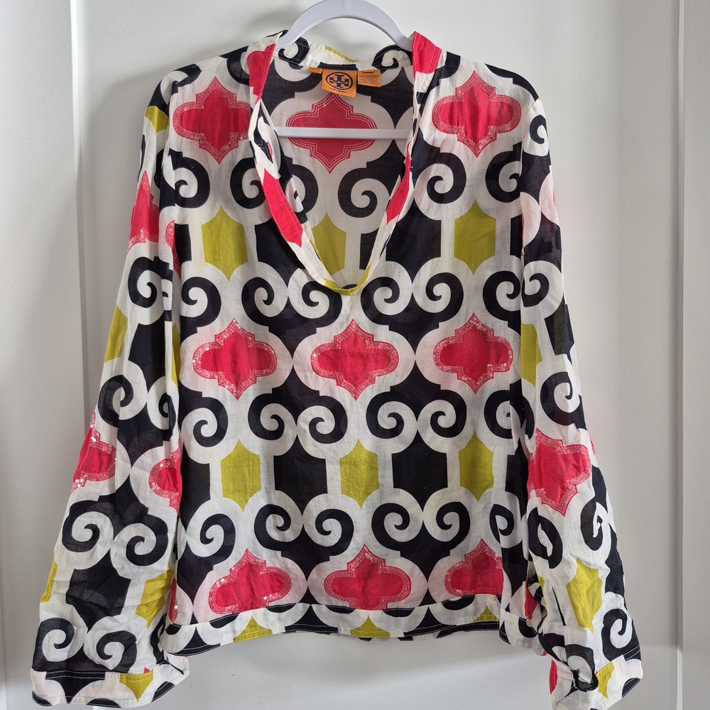 Tory Burch Stephanie Connton Tunic Shirt 12 Navy Pink White Sequins